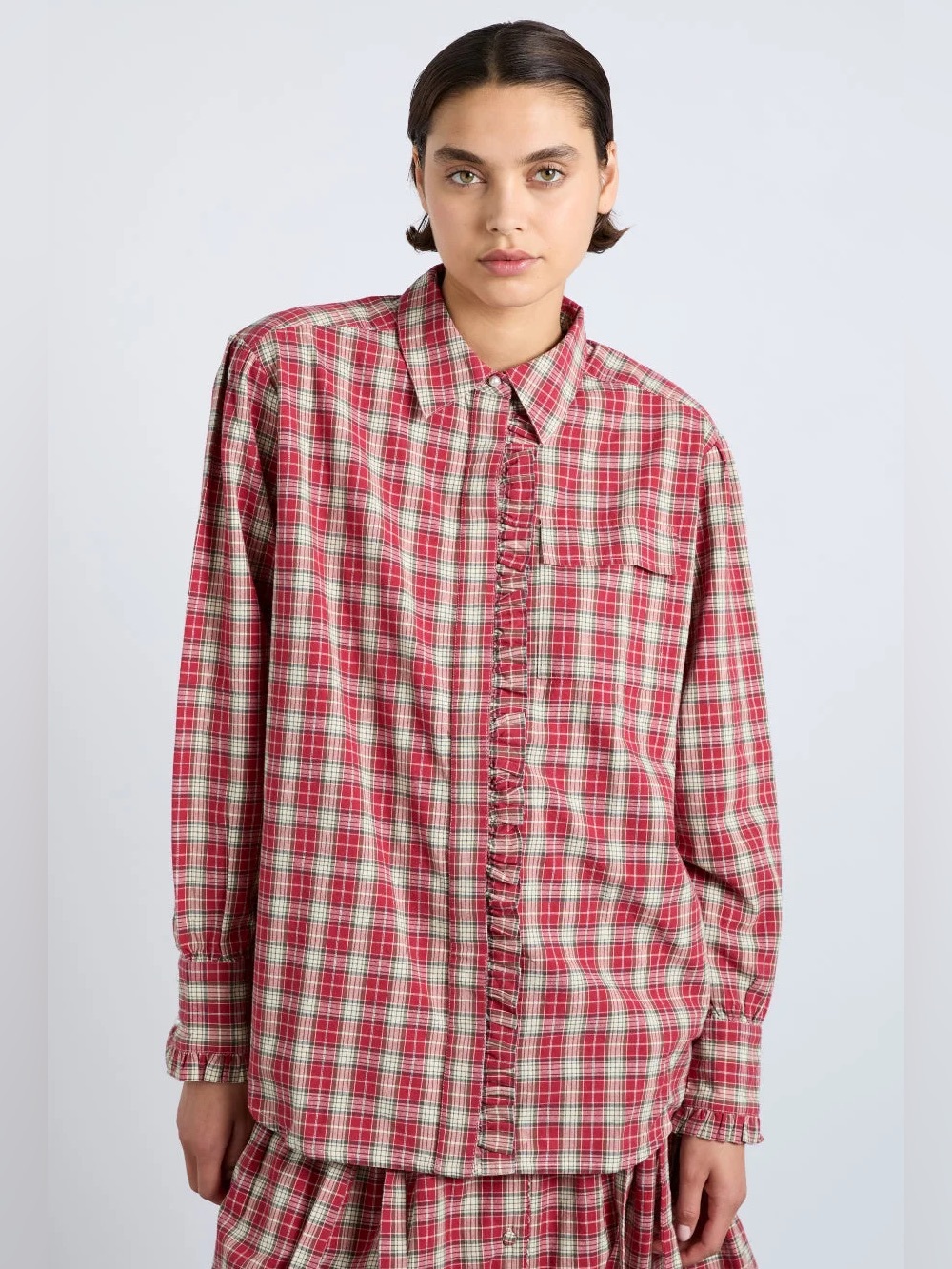 NWT Damson Madder Kylie Ruffle Shirt in Red Check UK 18 / US 12